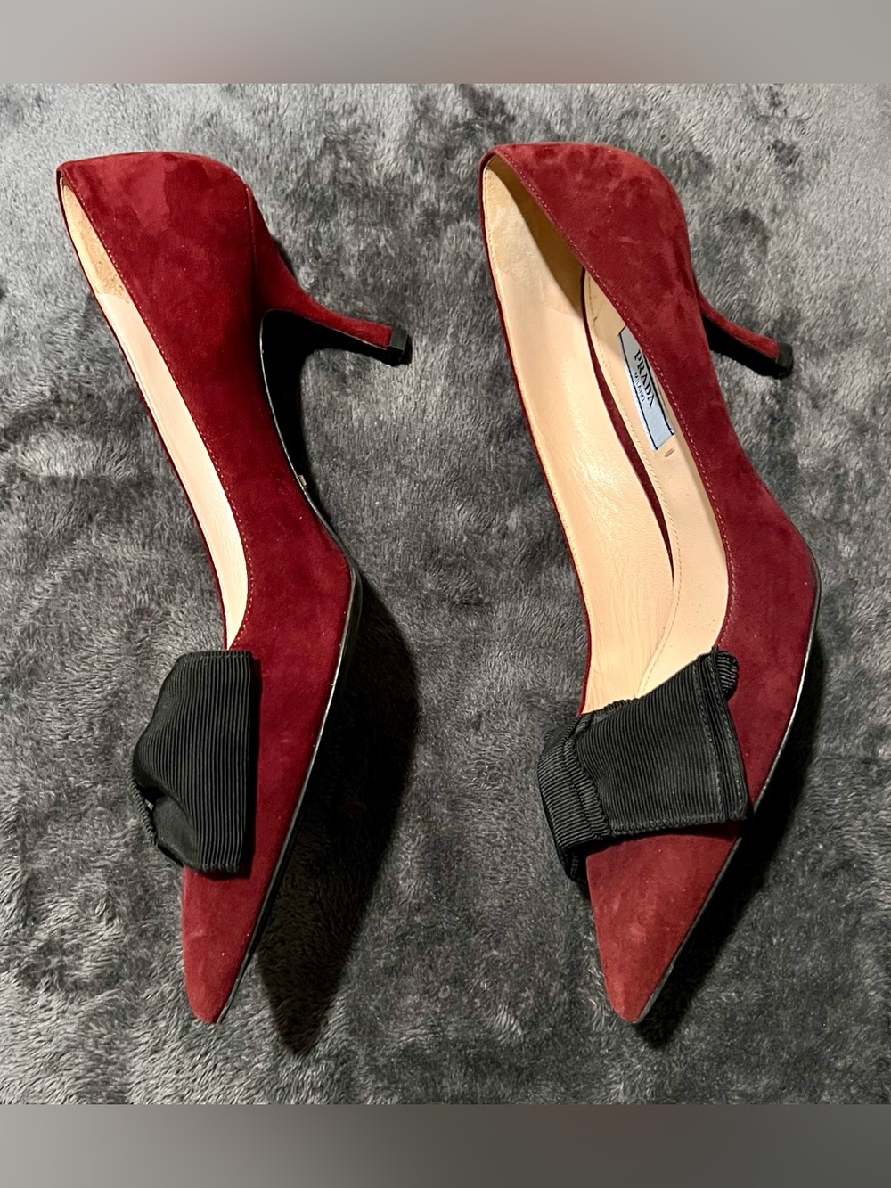 Prada Burgundy Suede Pointed Toe Pumps with Black Bow - Picture 2 of 5